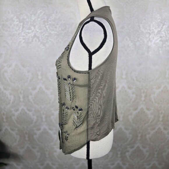 Bar III Size XS Olive Green Lightweight Vest Beaded Open Front Boho Festival - Picture 8 of 12